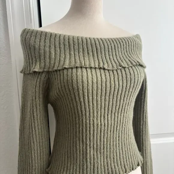 NWT By Together Off Shoulder Ribbed Knit Sweater Top m Olive Green Bell Sleeve - Picture 7 of 9